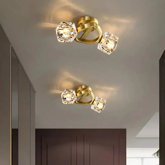 DecorBites™ DecorBites™ Gold Semi Mount Postmodern Metal Ceiling Light with Crystal Shade - Foyer Flush Light