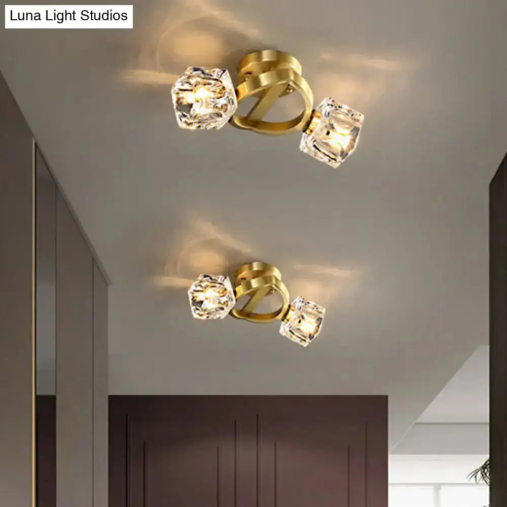 DecorBites™ DecorBites™ Gold Semi Mount Postmodern Metal Ceiling Light with Crystal Shade - Foyer Flush Light