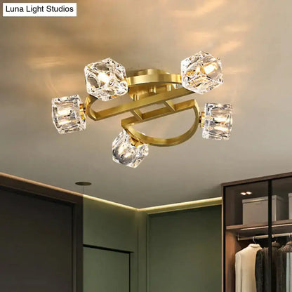 DecorBites™ DecorBites™ Gold Semi Mount Postmodern Metal Ceiling Light with Crystal Shade - Foyer Flush Light