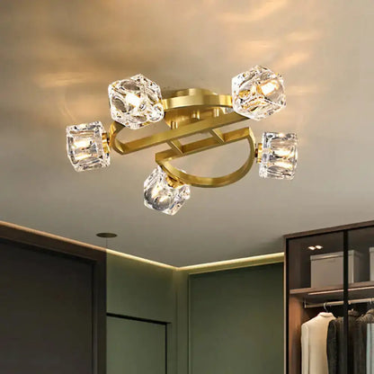 DecorBites™ DecorBites™ Gold Semi Mount Postmodern Metal Ceiling Light with Crystal Shade - Foyer Flush Light