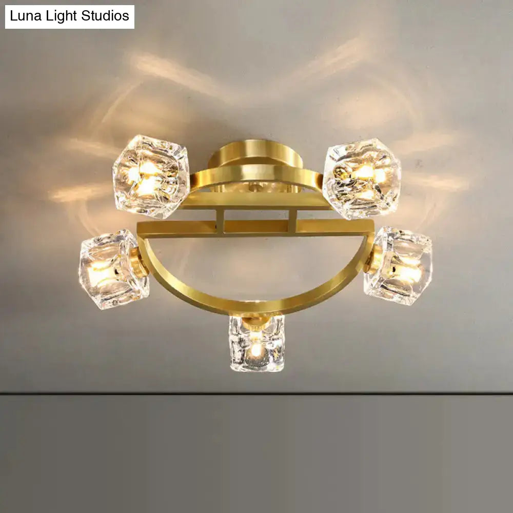 DecorBites™ DecorBites™ Gold Semi Mount Postmodern Metal Ceiling Light with Crystal Shade - Foyer Flush Light