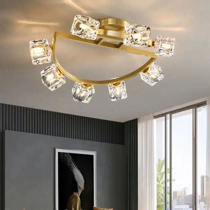 DecorBites™ DecorBites™ Gold Semi Mount Postmodern Metal Ceiling Light with Crystal Shade - Foyer Flush Light