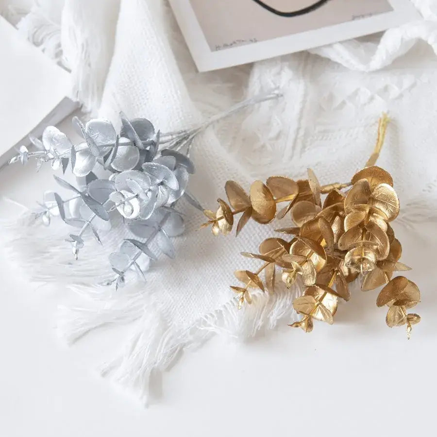 Silver and gold metallic eucalyptus leaves artificial plants with glossy finish for decorbites eucalyptus leaves wedding decor