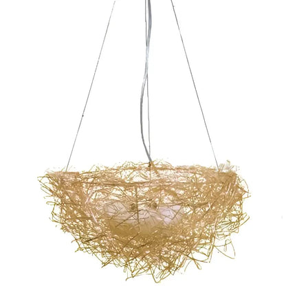 Gold and silver bird’s nest pendant lights feature woven golden-brown nest pendant lights with a soft pinkish glow for dining room