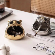 Gold and silver ceramic bulldog ashtrays with sunglasses by decorbites for office desktop decor