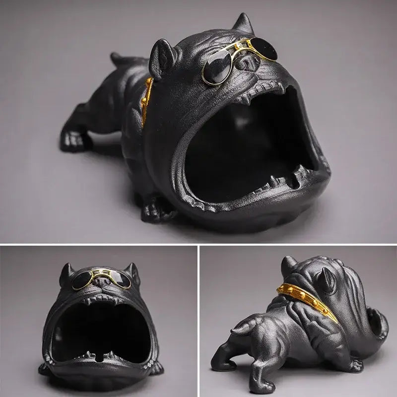 Black cast iron decorbites bulldog ceramic ashtray with gold-rimmed sunglasses and matching collar for office decor