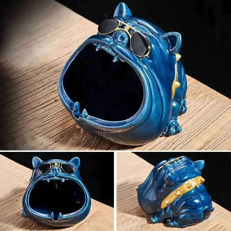Blue ceramic bulldog ashtray with gold-trimmed sunglasses and collar for office decor by decorbites bulldog ceramic