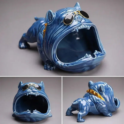 Blue ceramic bulldog ceramic ashtray with gold-rimmed sunglasses and matching collar for office decorbites bulldog ceramic decor