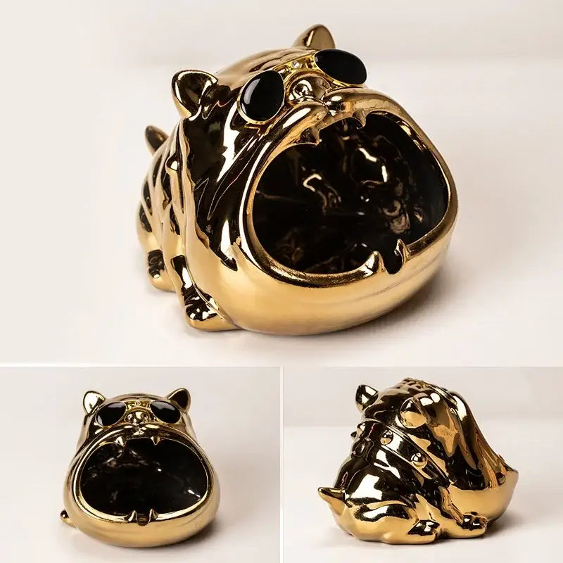 Gold decorbites bulldog ceramic ashtray with glossy black eyes and open mouth for office desktop decor
