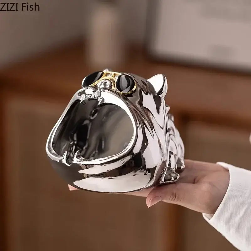 Shiny black and white ceramic tiger ashtray with gold-trimmed eyes for decorbites bulldog ceramic office decor