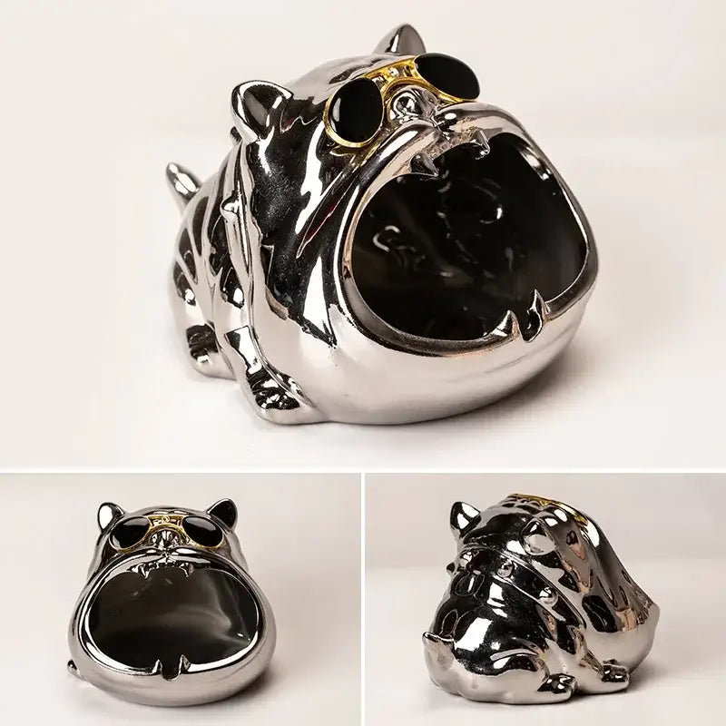 Shiny silver decorbites bulldog ceramic ashtray with gold-rimmed black sunglasses and open mouth design for desktop decor