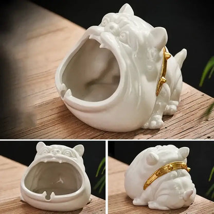 White ceramic bulldog ceramic ashtray with gold collar by decorbites for office desktop decor use