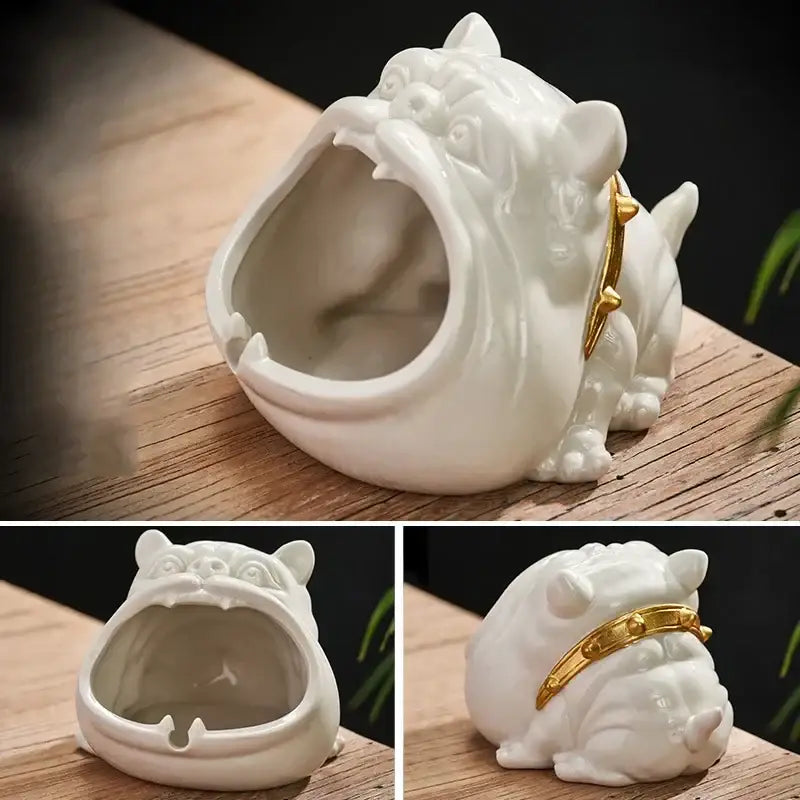 White ceramic bulldog ceramic ashtray with gold collar by decorbites for office desktop decor use