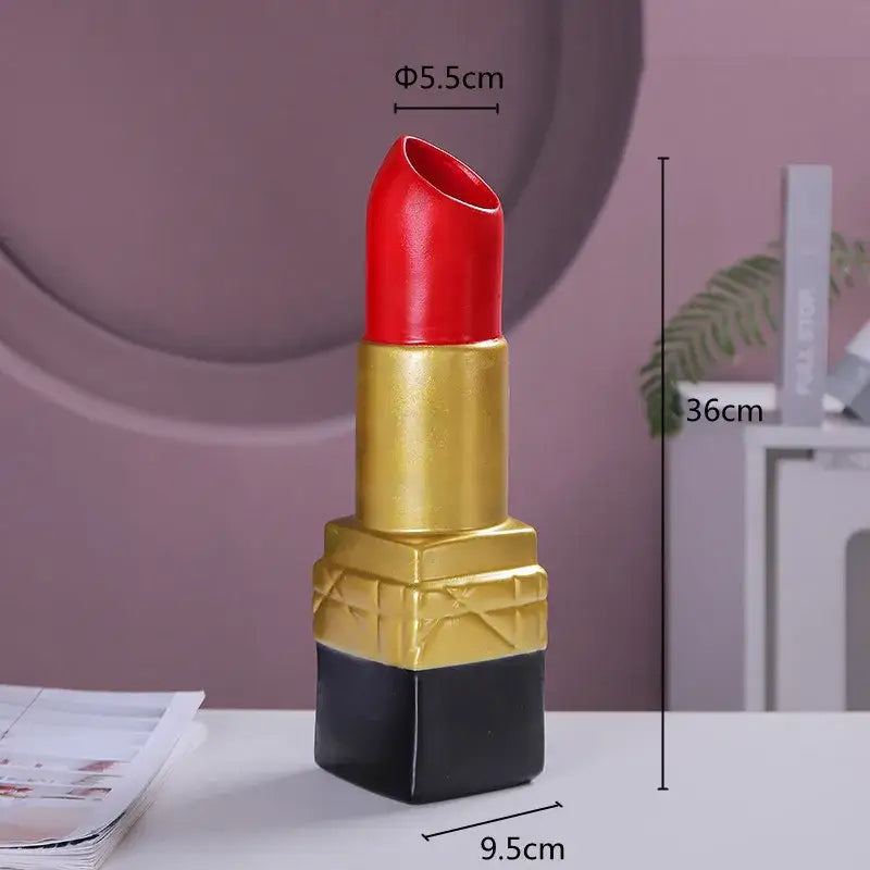 Glossy red and gold resin decorbites lipstick vase with black base designed as luxury bedroom flower ornament