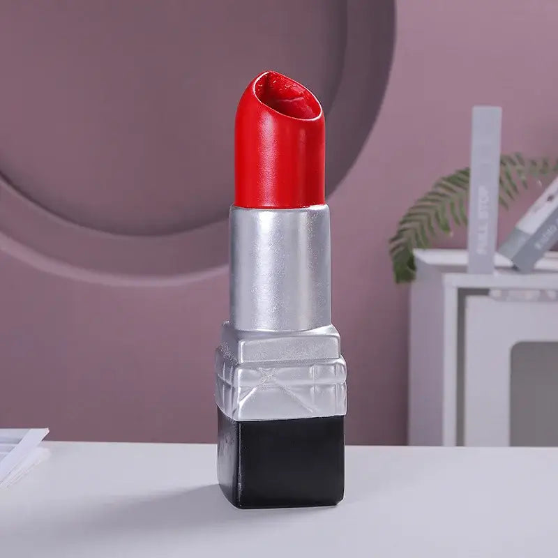 Gold and silver decorbites lipstick vase resin bedroom ornament with red lipstick shape silver body and black base