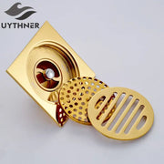 Gold square bathroom shower drain with interchangeable circular perforated and slotted grates by decorbites gold square