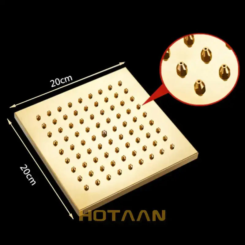 Gold square overhead shower head 20cm with gold finish and evenly spaced rounded nozzles by decorbites gold square