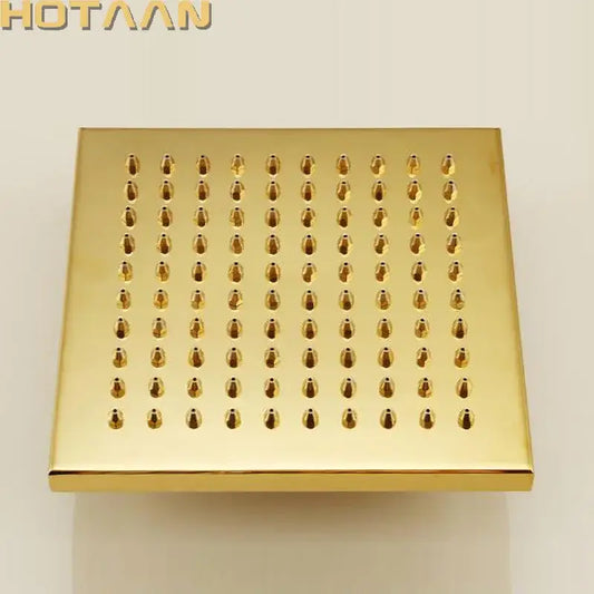 Gold square overhead shower head by decorbites featuring a gold-colored square design with rounded nozzle grid