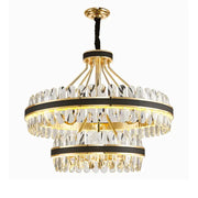 Gold stainless steel crystal chandelier with two tiers of clear droplets and black leather detail for dining room decorbites gold stainless