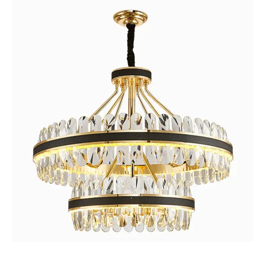 Gold stainless steel crystal chandelier with two tiers of clear droplets and black leather detail for dining room decorbites gold stainless