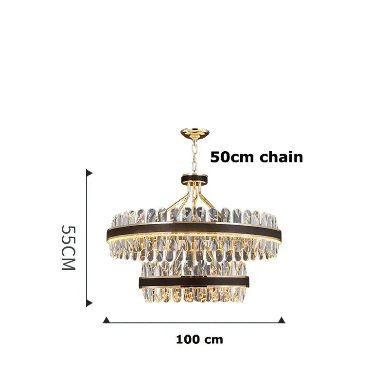 Gold stainless steel crystal chandelier with two tiers, gold tone, clear crystal droplets, and dark bronze accents for dining room decorbites gold stainless