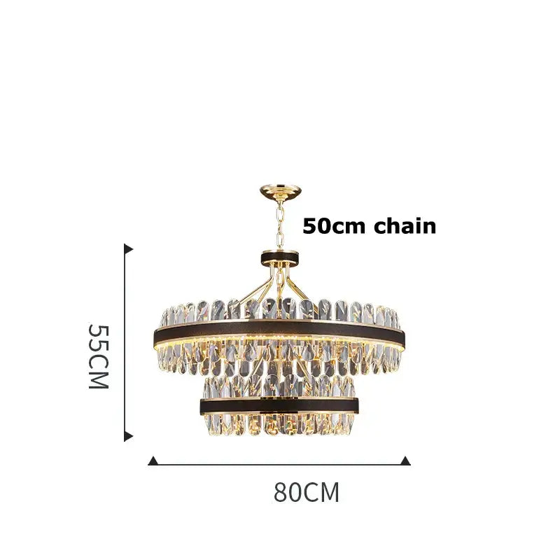 Gold stainless steel crystal chandelier with gold-toned two-tier clear crystal droplets and dark bronze accents for dining room decorbites gold stainless