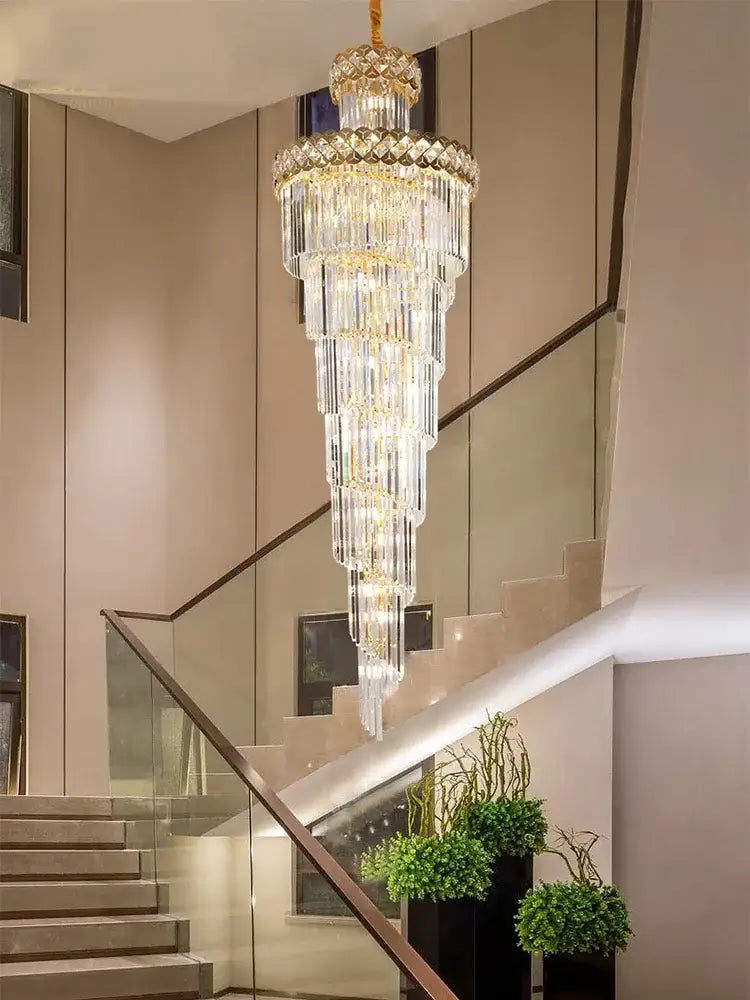 Gold stainless steel crystal pendant light chandelier with cascading clear and gold-toned glass tiers for living room decorbites decor