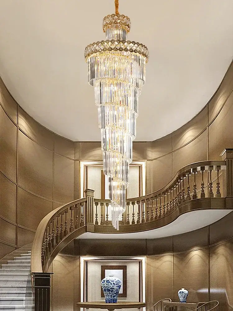 Gold stainless steel crystal pendant light with cascading clear glass prisms and gold frame for living room decorbites