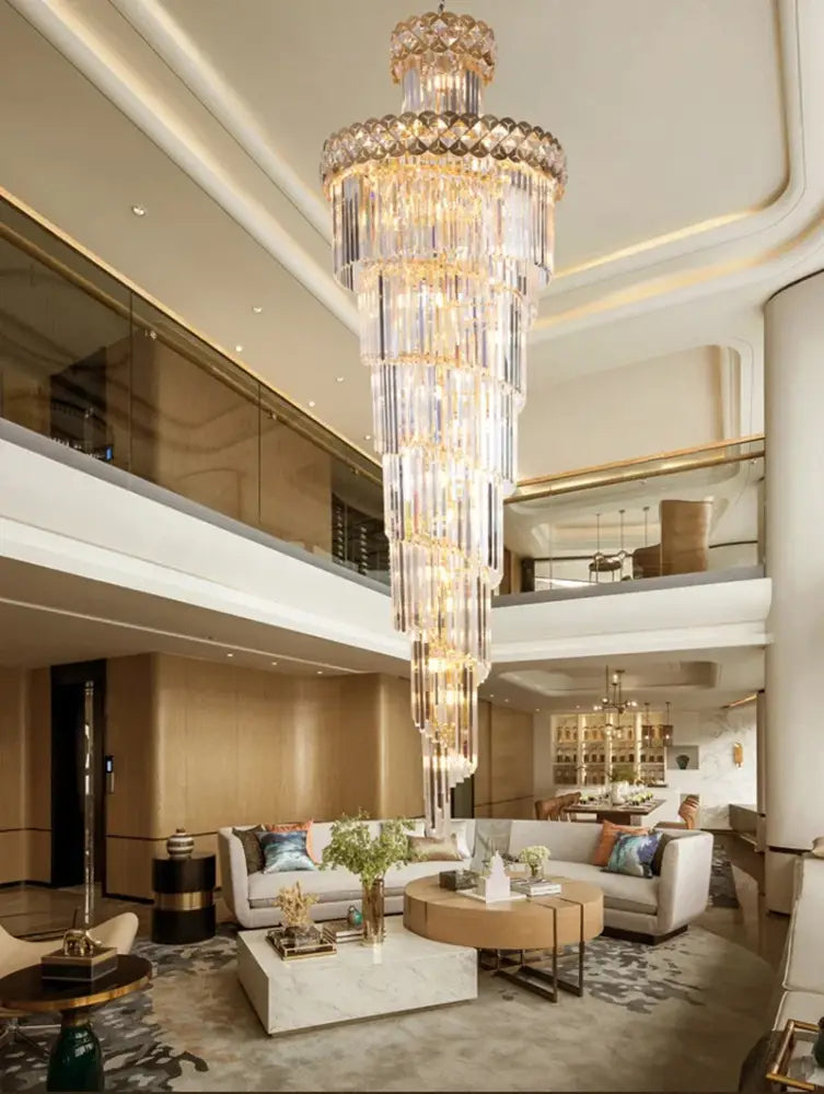 Gold stainless steel crystal pendant light with cascading clear and gold-toned crystals for living room decorbites chandelier