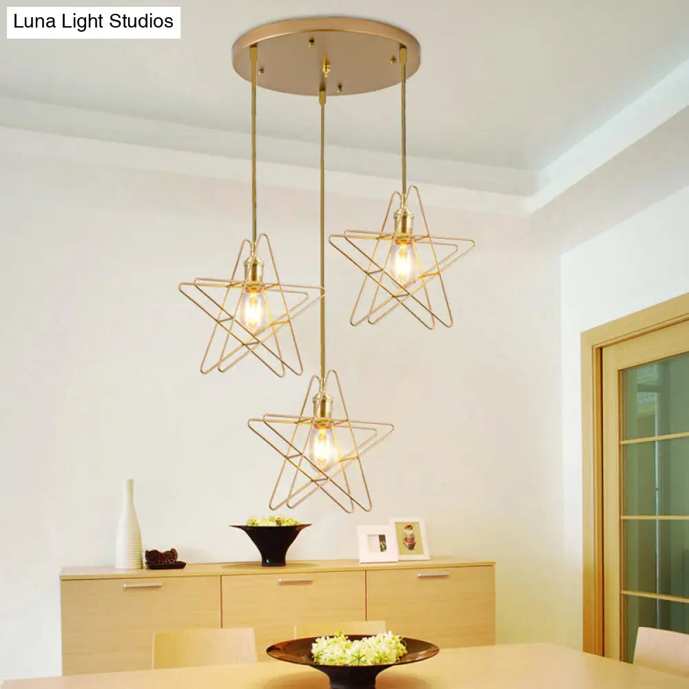 Gold Star Cage Ceiling Light - Simplicity Design - Metal Frame - 3 Bulbs - Ideal for Dining Room