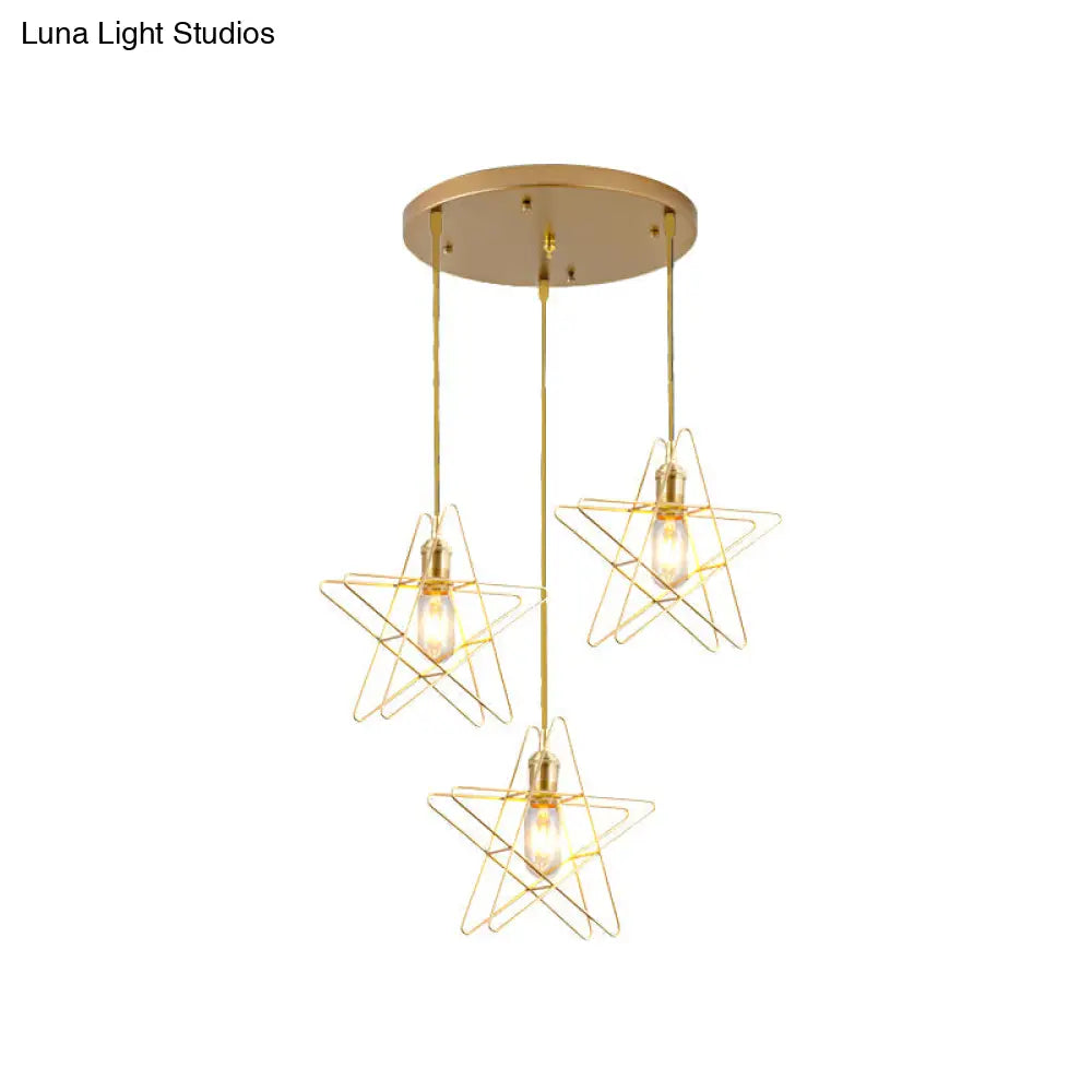 Gold Star Cage Ceiling Light - Simplicity Design - Metal Frame - 3 Bulbs - Ideal for Dining Room