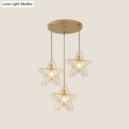 Gold Star Cage Ceiling Light - Simplicity Design - Metal Frame - 3 Bulbs - Ideal for Dining Room