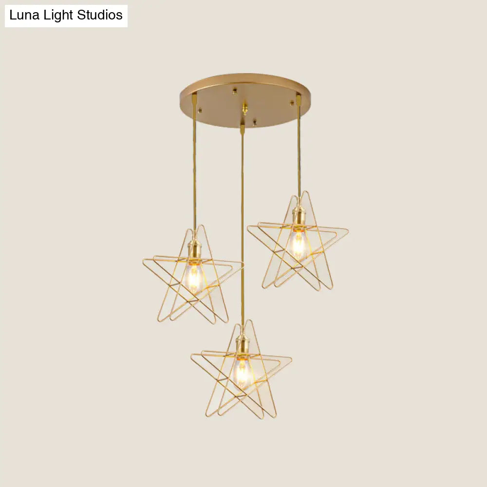 Gold Star Cage Ceiling Light - Simplicity Design - Metal Frame - 3 Bulbs - Ideal for Dining Room