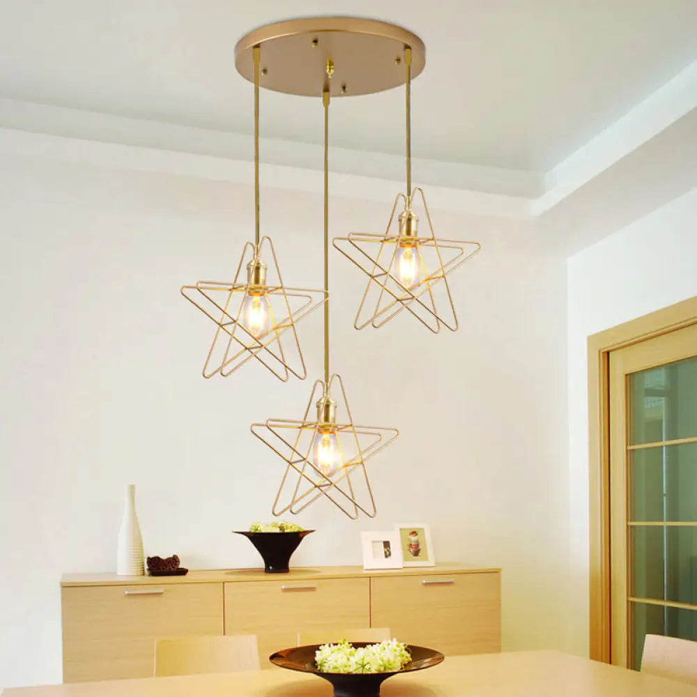 Gold Star Cage Ceiling Light - Simplicity Design - Metal Frame - 3 Bulbs - Ideal for Dining Room