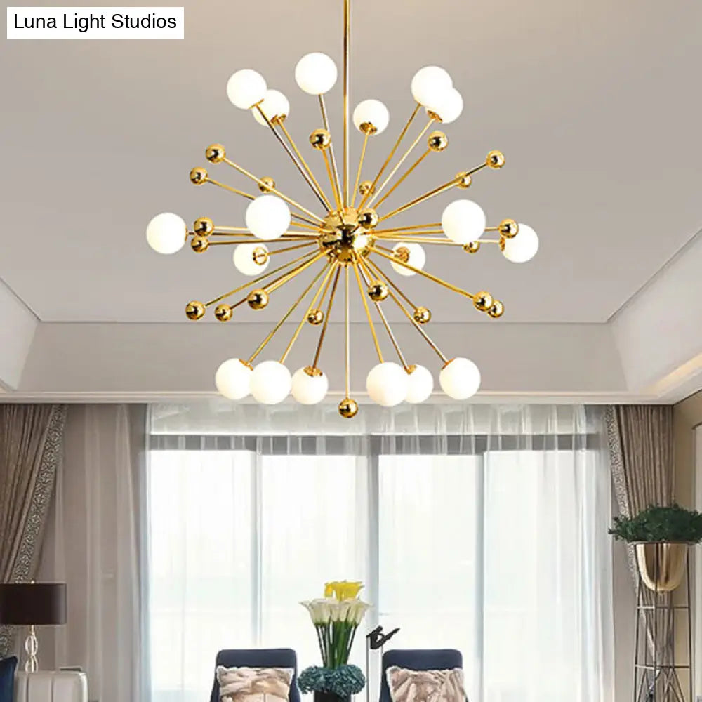 Lámpara de araña Gold Starburst con pantallas de bolas de cristal blanco - Lámpara colgante de diseño con múltiples luces - Varias opciones de ancho: 23,5", 31,5", 39"