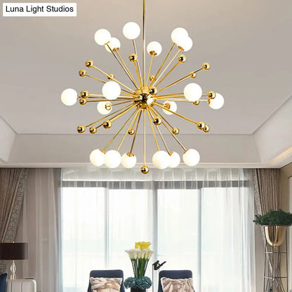 Lámpara de araña Gold Starburst con pantallas de bolas de cristal blanco - Lámpara colgante de diseño con múltiples luces - Varias opciones de ancho: 23,5", 31,5", 39"