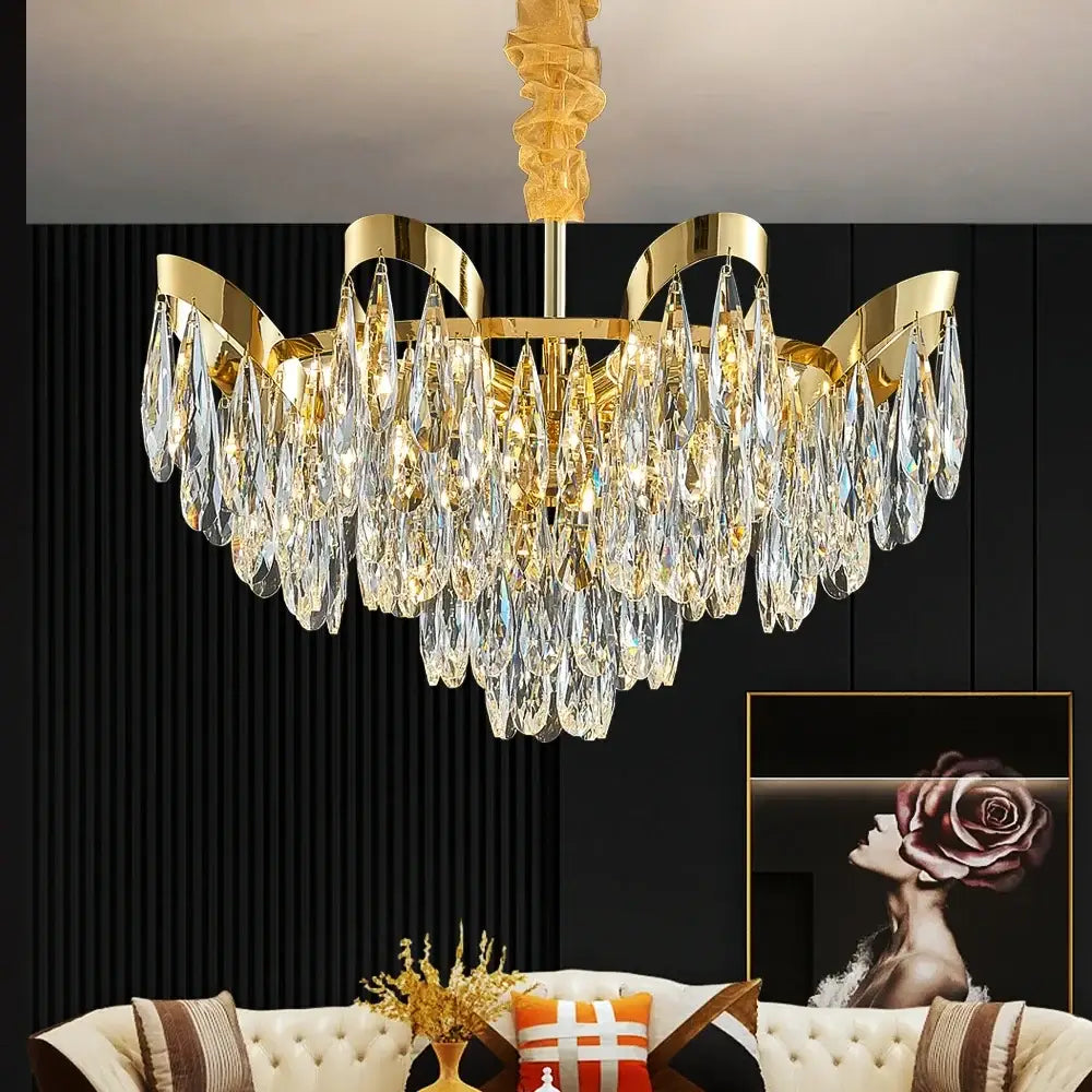 Gold sunflower crystal ceiling chandelier in gold tone with cascading teardrop crystals for living room led decorbites led sunflower light