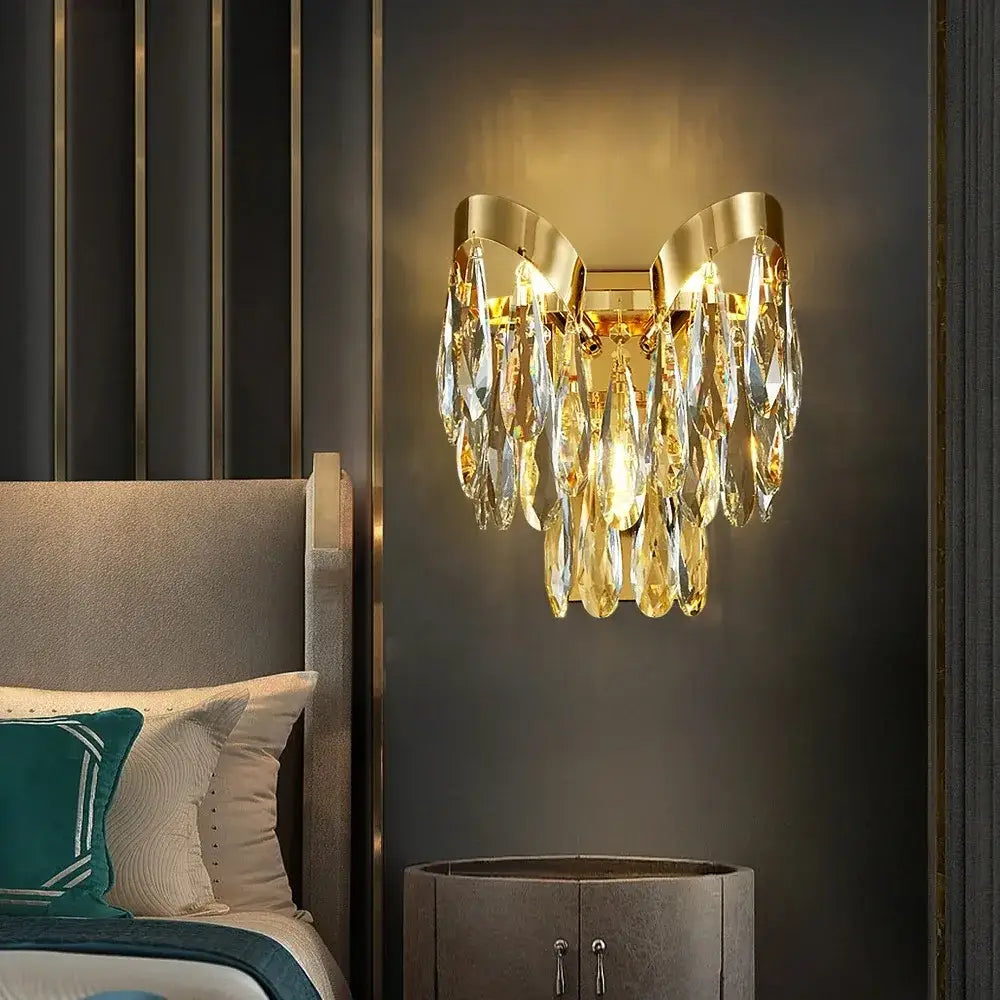 Gold-toned crystal chandelier sconce with cascading teardrop crystals for decorbites led sunflower ceiling light decor