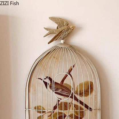 Antique white metal birdcage with gold swallow and vintage bird illustration for decorbites dove wall hanging hooks