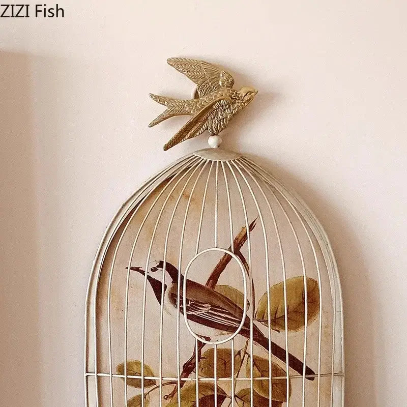 Antique white metal birdcage with gold swallow and vintage bird illustration for decorbites dove wall hanging hooks