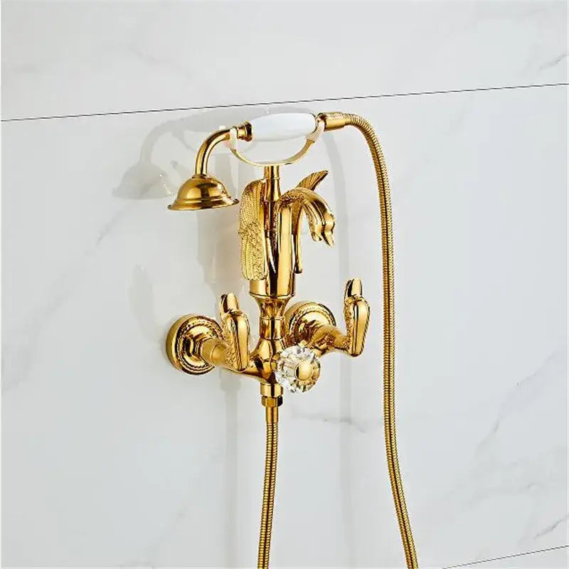 Gold swan bathtub faucet set with gold-finished vintage-style dragon head design and crystal knob by decorbites
