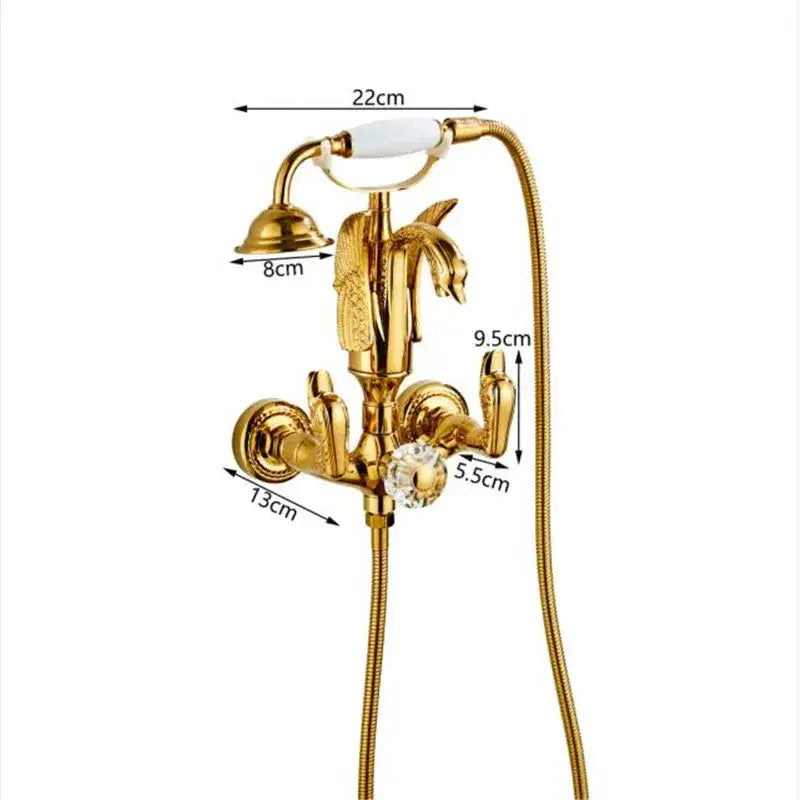 Gold swan bathtub faucet set with gold finish, ornate dolphin design, crystal knob, and white ceramic handle by decorbites gold swan