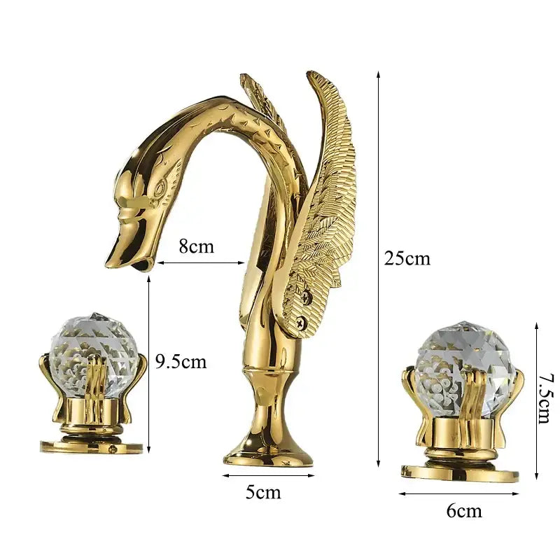 Gold swan crystal bathroom faucet with polished metallic finish and detailed feathered wings by decorbites gold swan