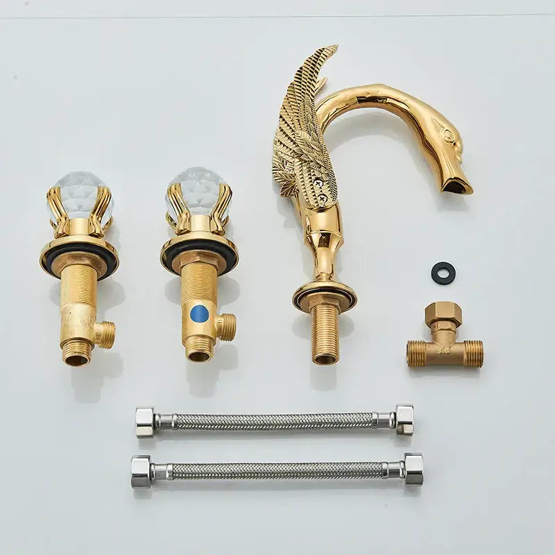 Gold-plated swan-shaped bathroom faucet with crystal knobs and brass fittings decorbites gold swan basin mixer tap