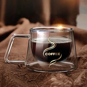 Clear decorbites glass double wall coffee mug with gold swirl logo filled with dark espresso liquid for kitchen use