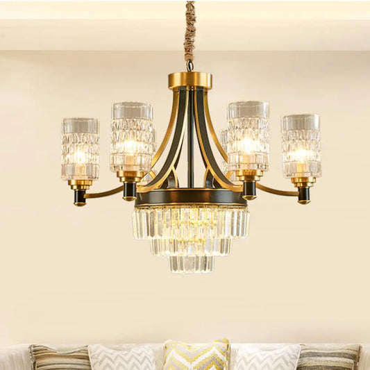 Lámpara de araña de cristal texturizado dorado con forma cilíndrica para comedor - Estilo posmoderno, 6/8 cabezales