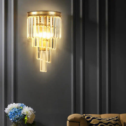 DecorBites™ DecorBites™ Gold Tiered Crystal Sconce: Minimalistic Wall Light for Living Room