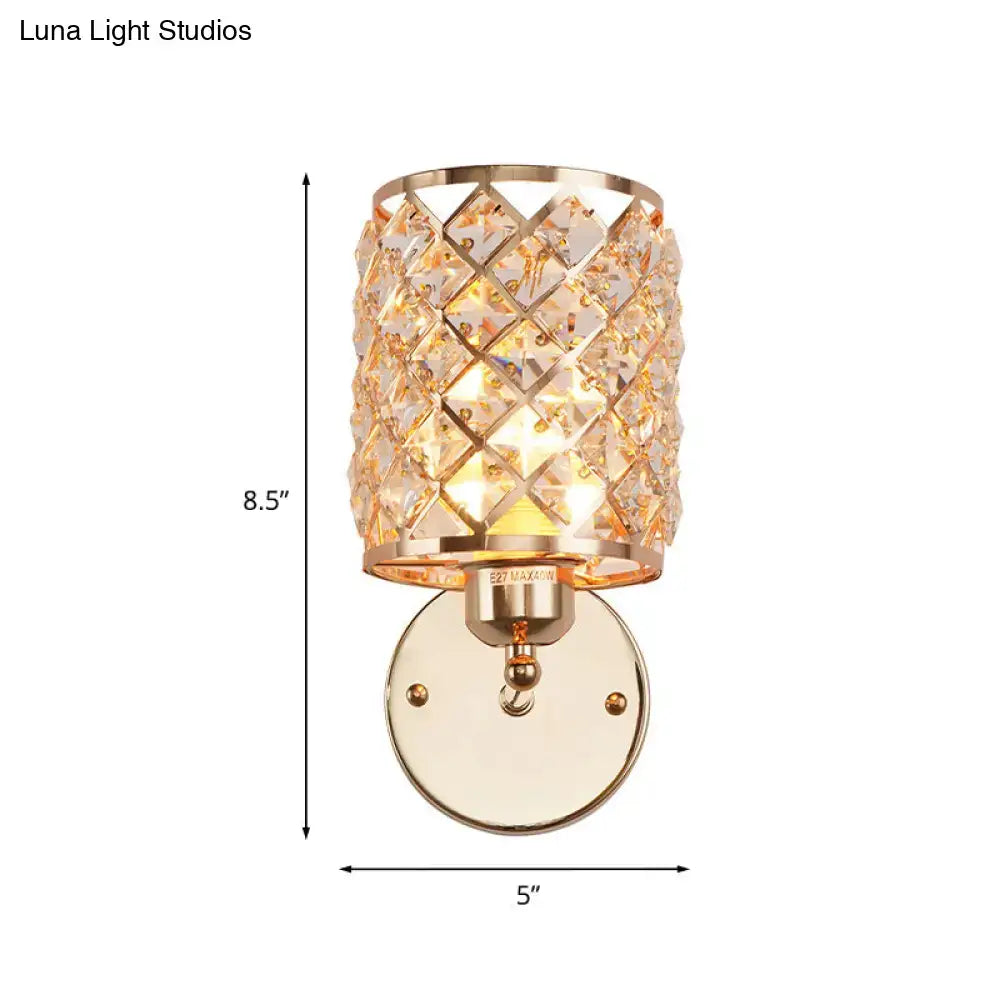 Gold trellis crystal wall light with gold-toned cylindrical diamond-cut shade direct wired electric wall light kit