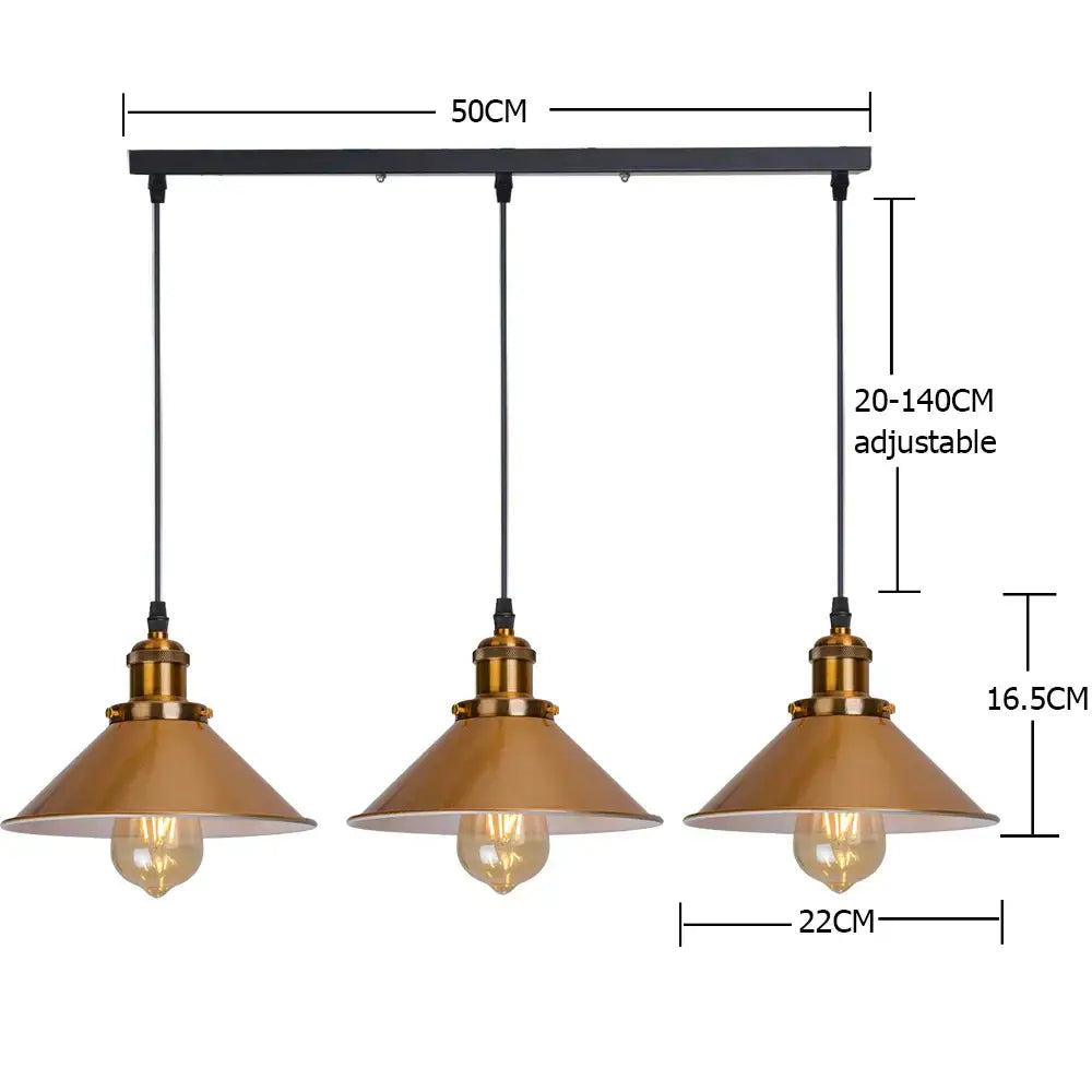 Industrial-style gold vintage pendant lamp with three brass conical shades and exposed filament bulbs for dining room decorbites gold vintage industrial