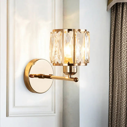 DecorBites™ Gold Wall Lamp Beveled Cut Crystal Cylinder Sconce Light Fixture - Simplicity in 1 Head Design